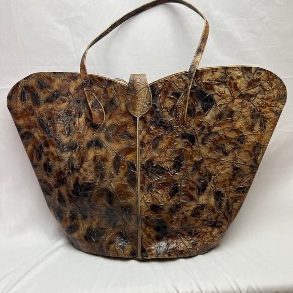 Luxury Artisan Leather Leaf Texture Tote Bag Handmade Brown Earthy Boho Heritage - Picture 2 of 16